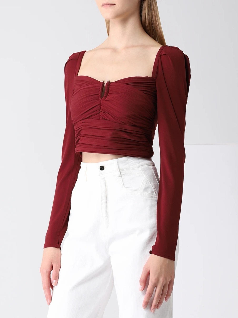Self-Portrait Burgundy Ruched Square-Neck Long Sleeve Crop Top Size 4 Like New.